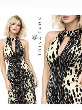 Trina Turk Halter Dress Animal Print Black Cream California Chic Size 4